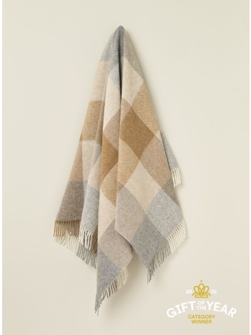 British Wool Block Check Throw-Natural