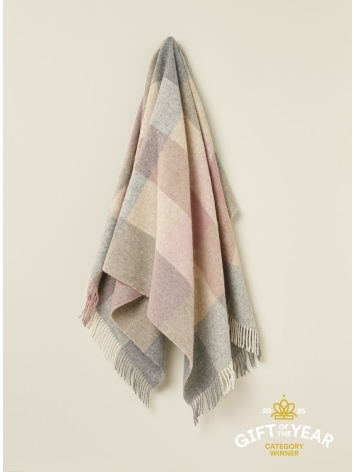 British Wool throw in a silver and pink block check design. From Bronte by Moon. 