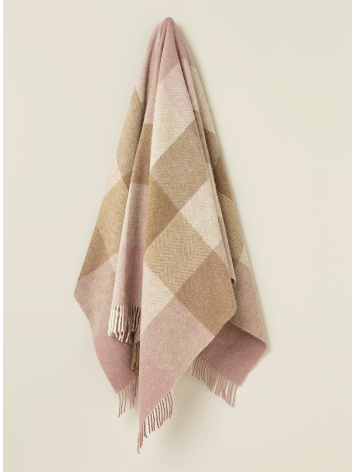 British Wool throw in a pink and camel block check design. From Bronte by Moon. 