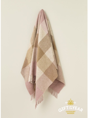 British Wool throw in a pink and camel block check design. From Bronte by Moon. 